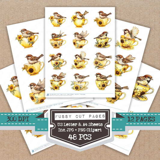 Sparrow in Sunflower Teacup fussy cut printable sheets for junk journaling, scrapbooking, and paper craft projects