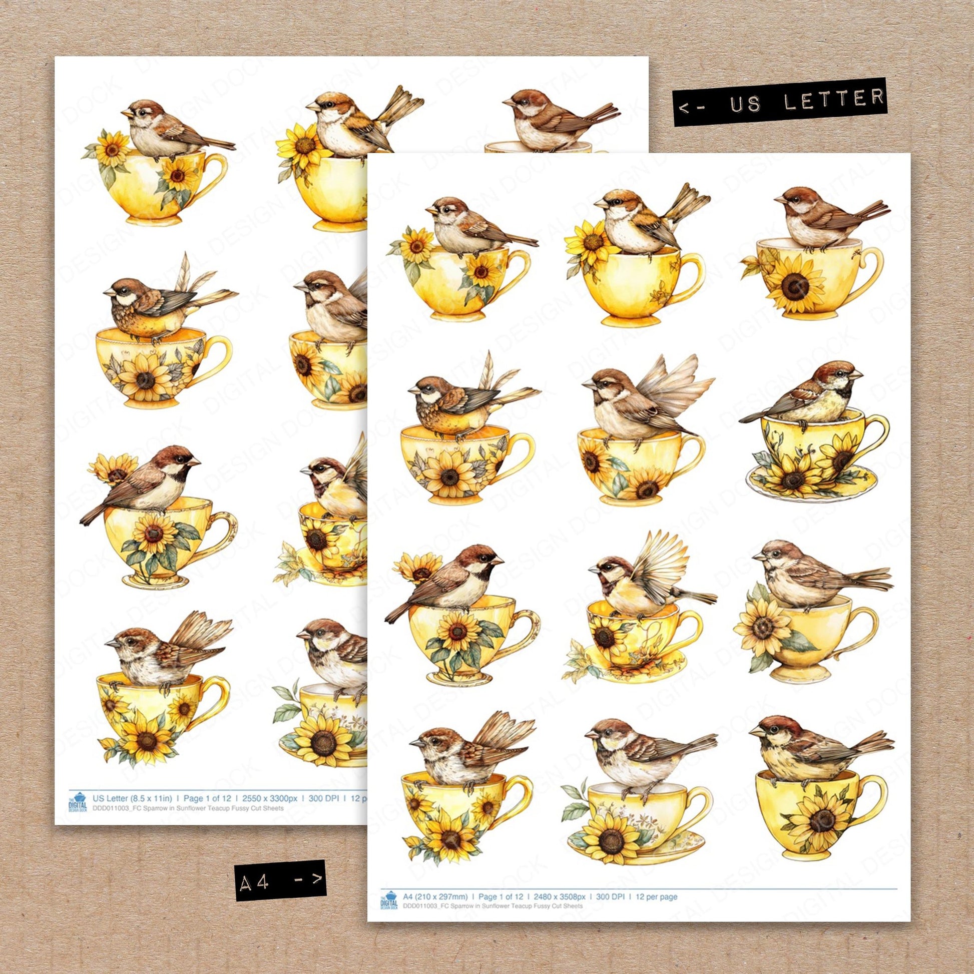 A4 and US Letter format comparison showing Sparrow in Sunflower Teacup fussy cut pages for print and cut crafting
