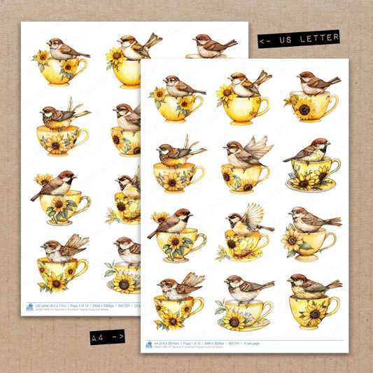 A4 and US Letter format comparison showing Sparrow in Sunflower Teacup fussy cut pages for print and cut crafting