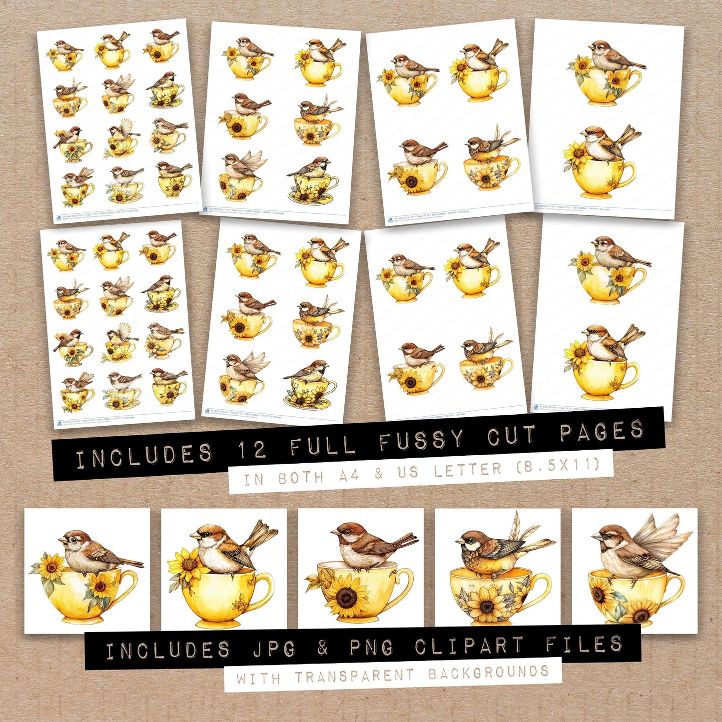 Full collection view of Sparrow in Sunflower Teacup fussy cut sheets with bonus clipart JPG and PNG files