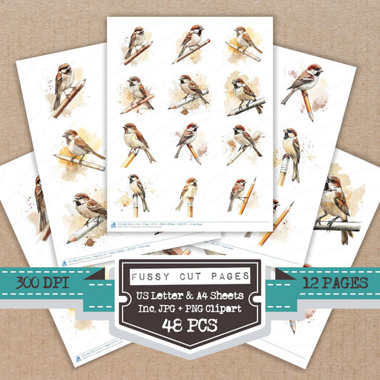 Sparrow on Pencil fussy cut printable sheets for junk journaling, scrapbooking, and paper craft projects
