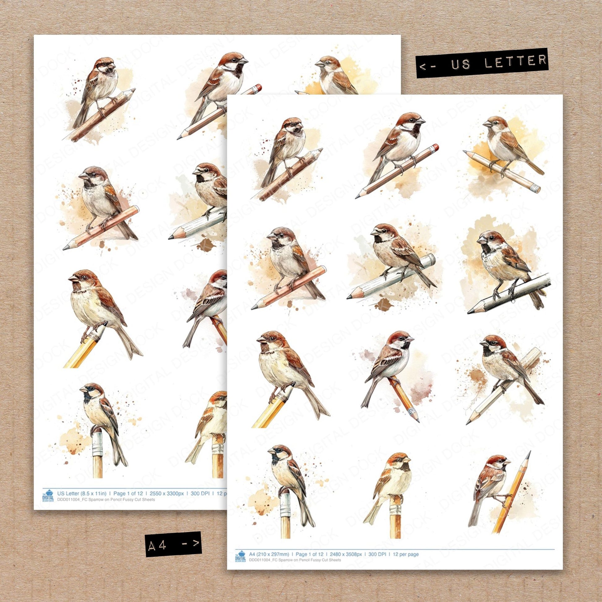 A4 and US Letter format comparison showing Sparrow on Pencil fussy cut pages for print and cut crafting