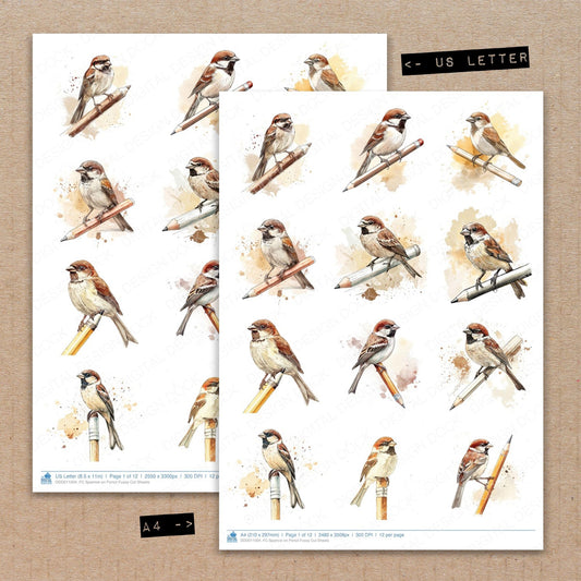 A4 and US Letter format comparison showing Sparrow on Pencil fussy cut pages for print and cut crafting