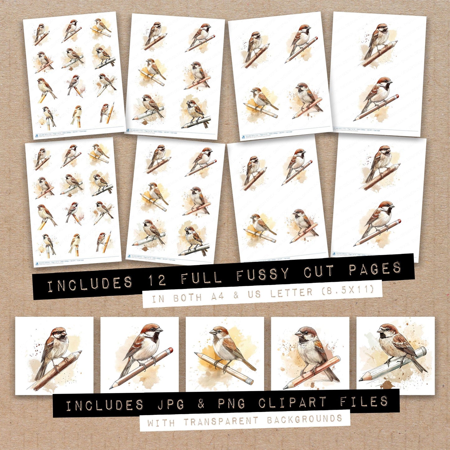 Full collection view of Sparrow on Pencil fussy cut sheets with bonus clipart JPG and PNG files