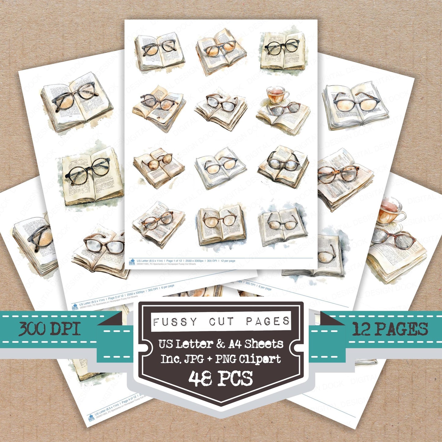 Spectacles on Newspaper fussy cut printable sheets for junk journaling, scrapbooking, and paper craft projects