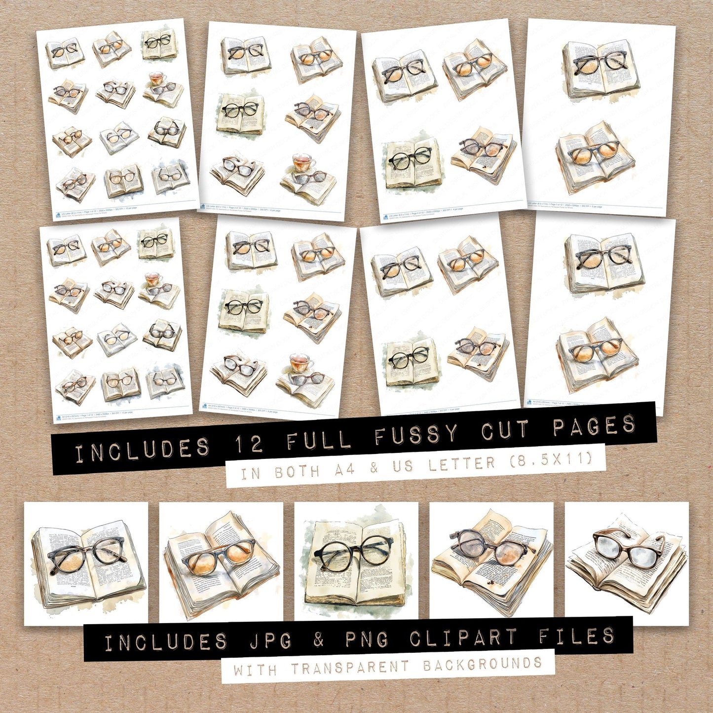 Full collection view of Spectacles on Newspaper fussy cut sheets with bonus clipart JPG and PNG files