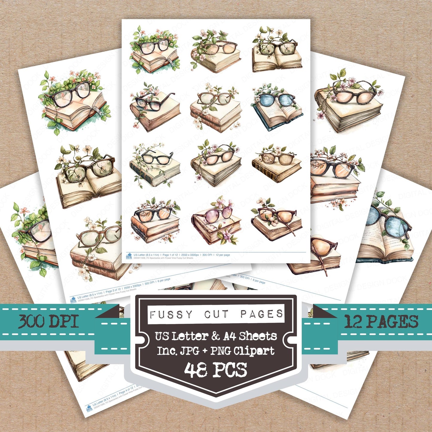 Spectacles with Flower Vine fussy cut printable sheets for junk journaling, scrapbooking, and paper craft projects