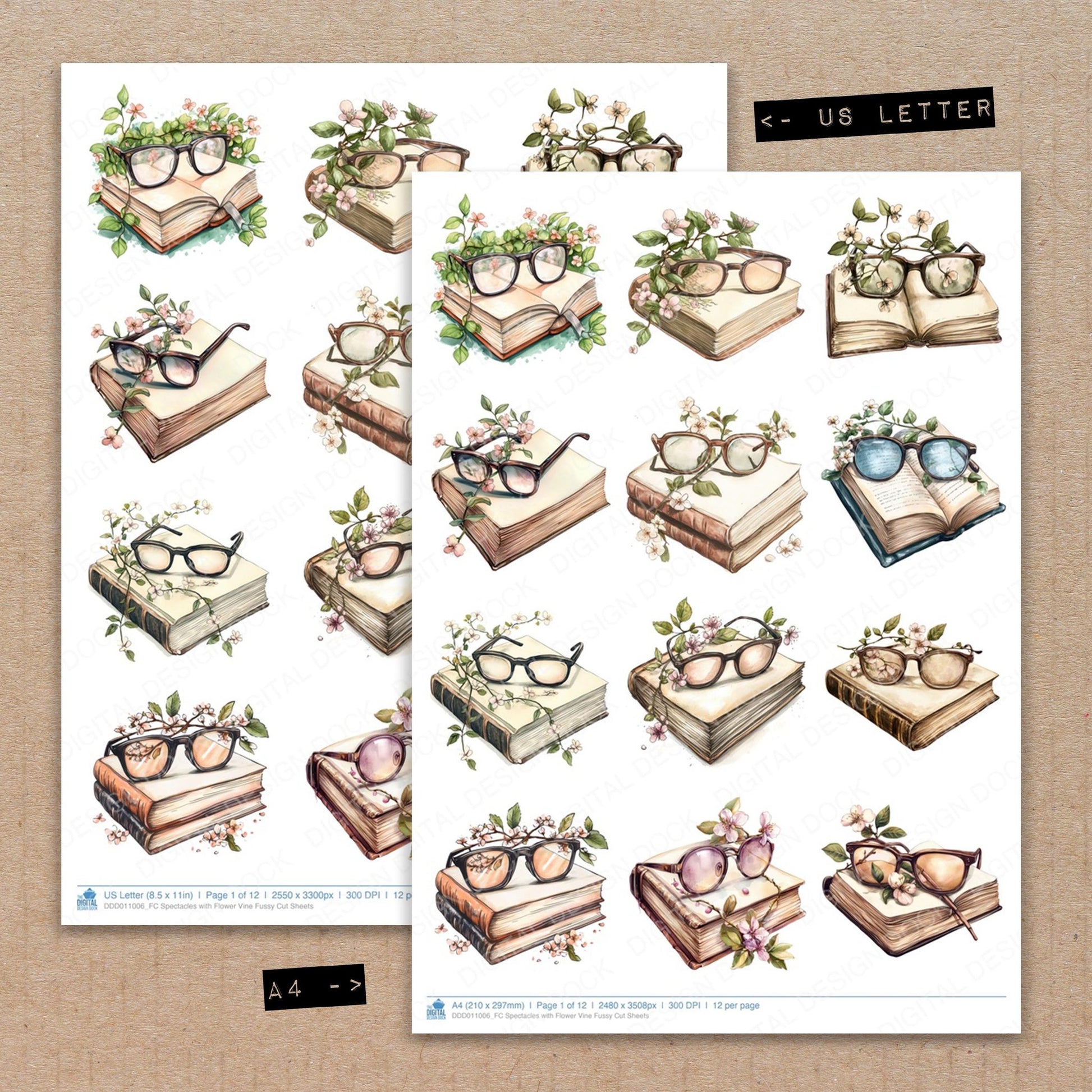 A4 and US Letter format comparison showing Spectacles with Flower Vine fussy cut pages for print and cut crafting