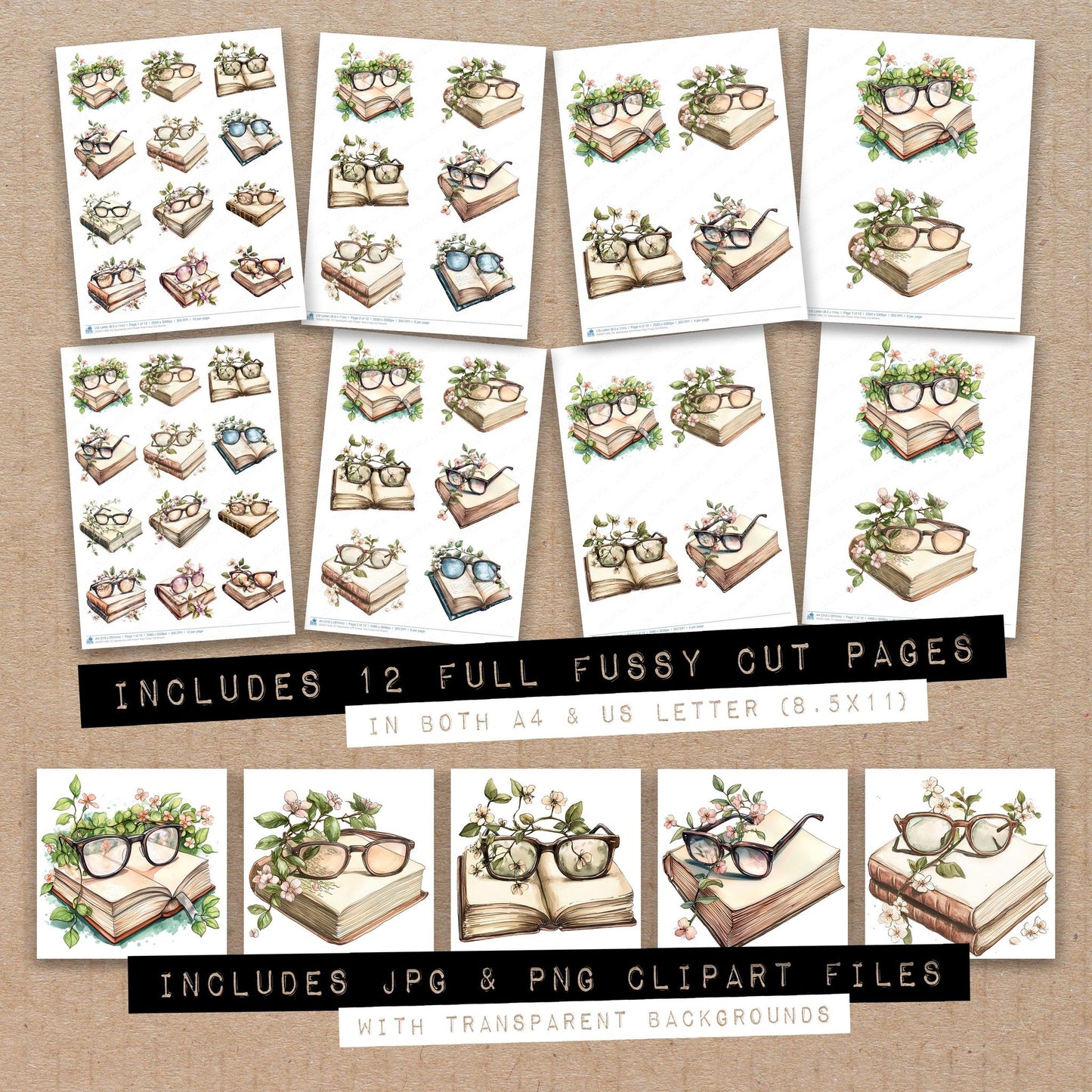 Full collection view of Spectacles with Flower Vine fussy cut sheets with bonus clipart JPG and PNG files