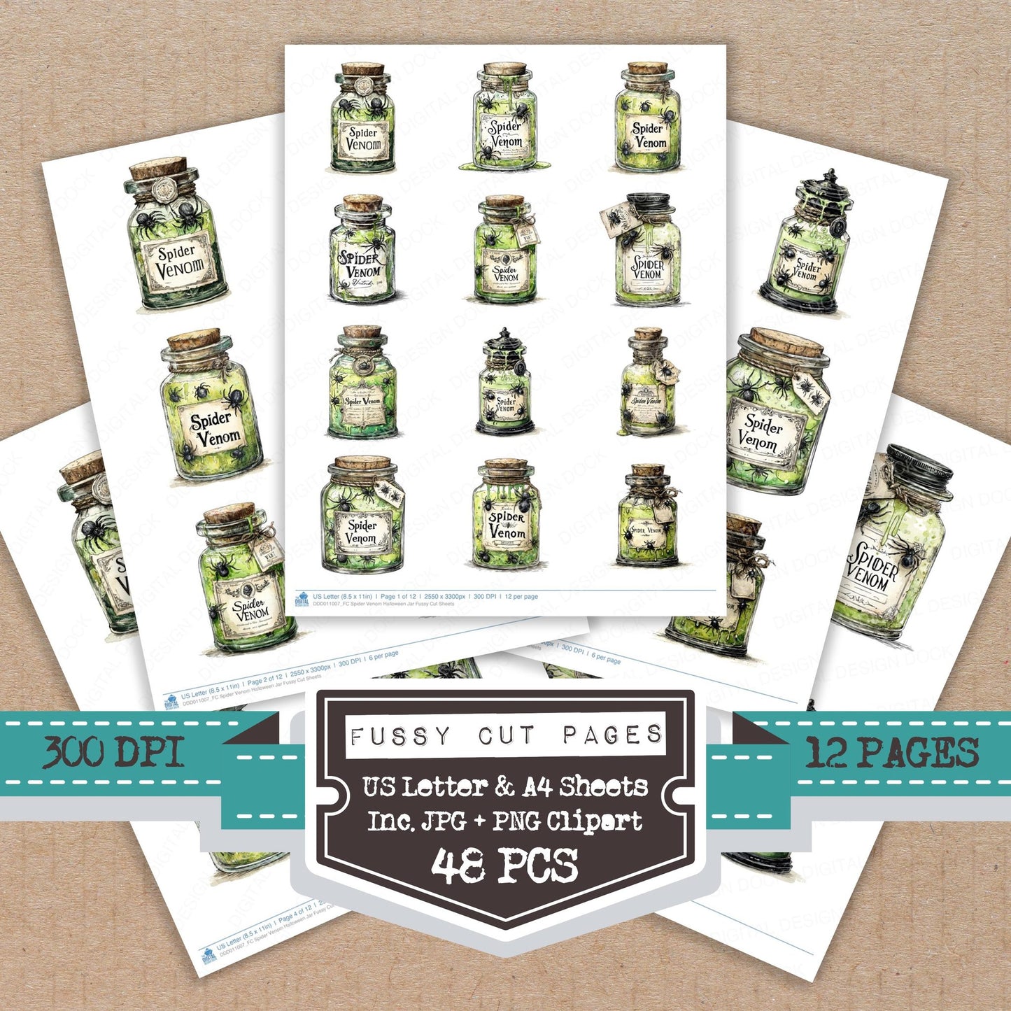 Spider Venom Halloween Jar fussy cut printable sheets for junk journaling, scrapbooking, and paper craft projects