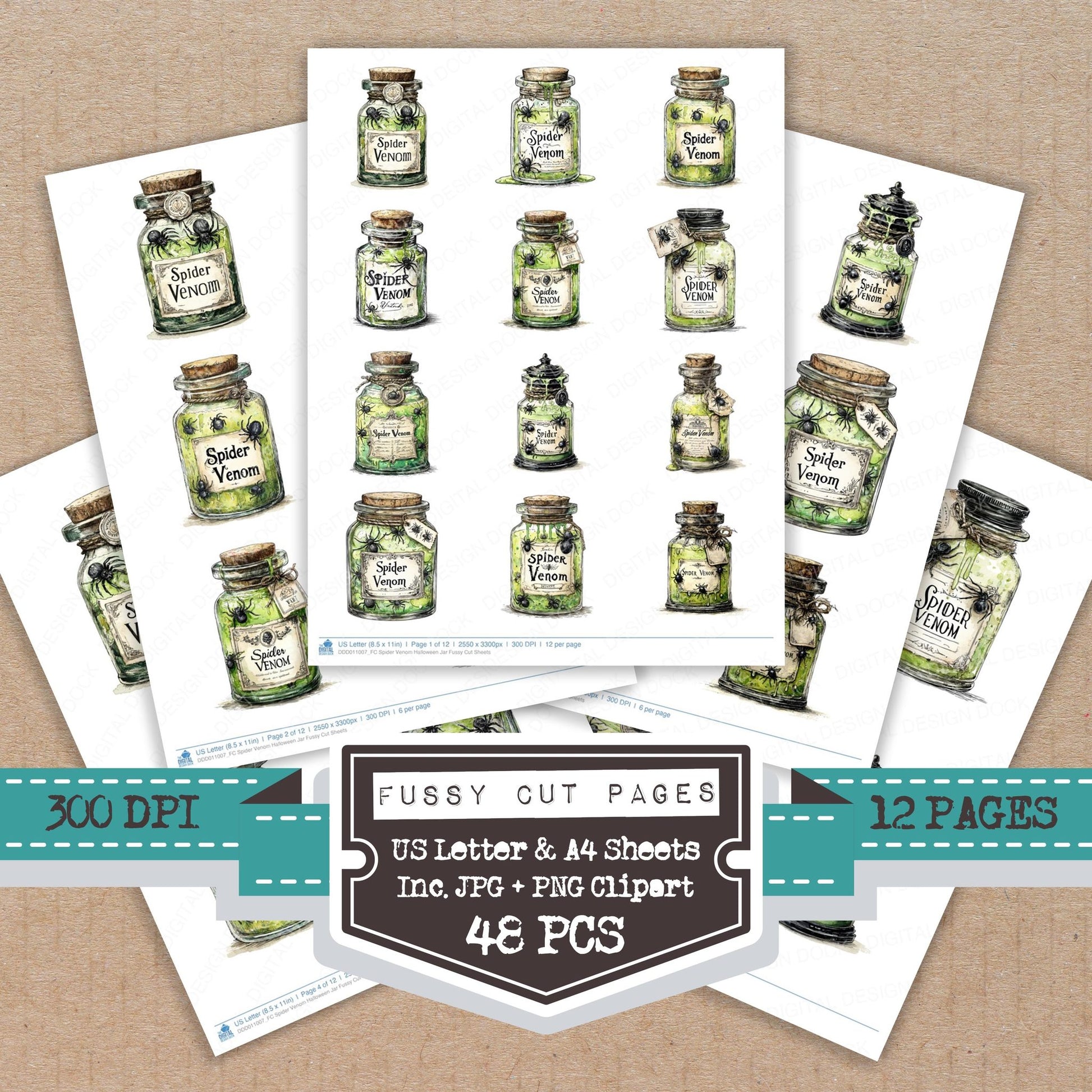 Spider Venom Halloween Jar fussy cut printable sheets for junk journaling, scrapbooking, and paper craft projects