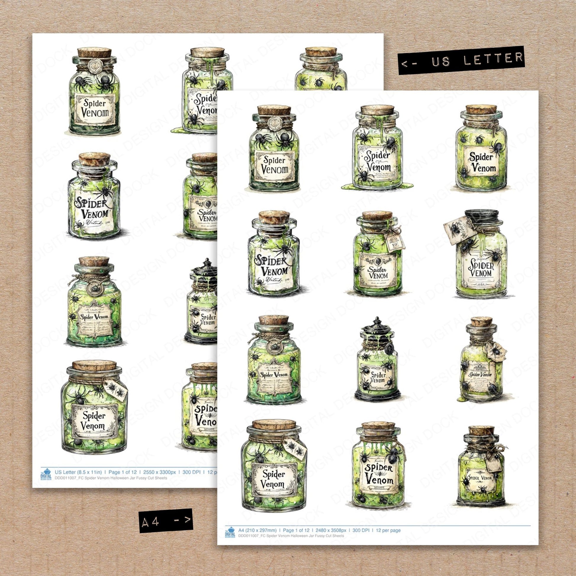 A4 and US Letter format comparison showing Spider Venom Halloween Jar fussy cut pages for print and cut crafting