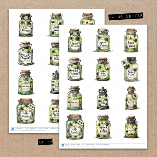 A4 and US Letter format comparison showing Spider Venom Halloween Jar fussy cut pages for print and cut crafting
