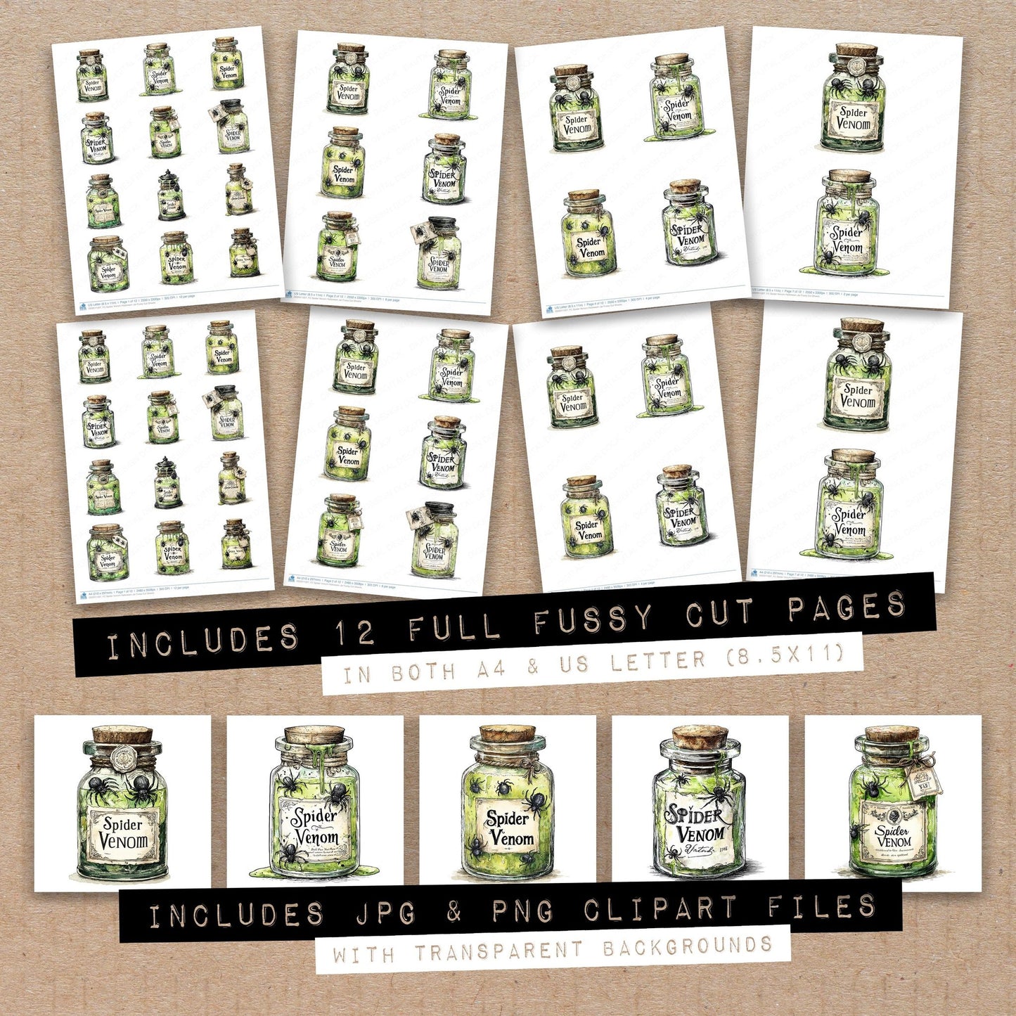 Full collection view of Spider Venom Halloween Jar fussy cut sheets with bonus clipart JPG and PNG files