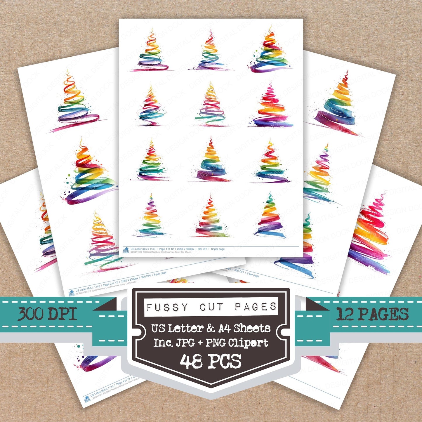 Spiral Rainbow Christmas Tree fussy cut printable sheets for junk journaling, scrapbooking, and paper craft projects