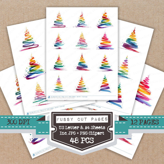 Spiral Rainbow Christmas Tree fussy cut printable sheets for junk journaling, scrapbooking, and paper craft projects