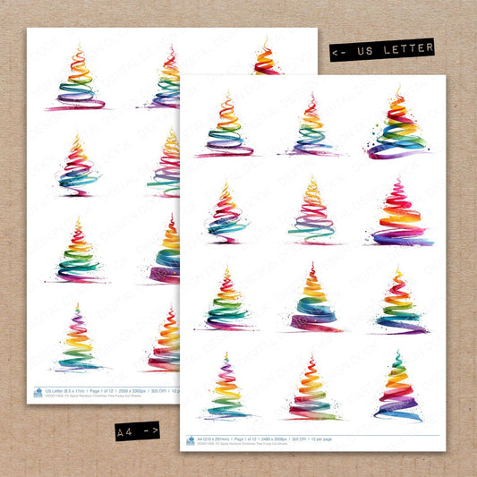 A4 and US Letter format comparison showing Spiral Rainbow Christmas Tree fussy cut pages for print and cut crafting