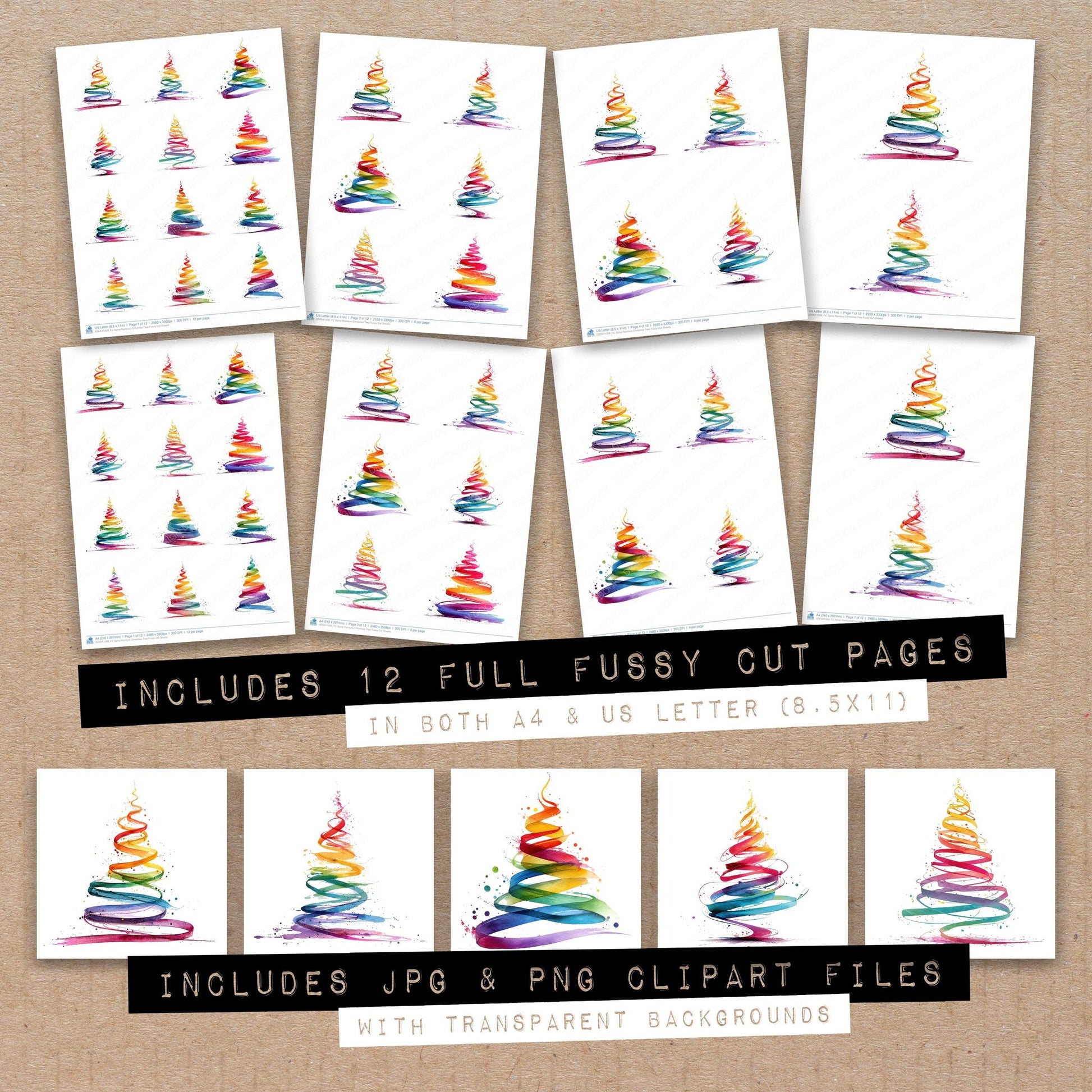 Full collection view of Spiral Rainbow Christmas Tree fussy cut sheets with bonus clipart JPG and PNG files