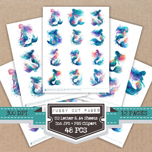 Splash Ink Mermaid fussy cut printable sheets for junk journaling, scrapbooking, and paper craft projects