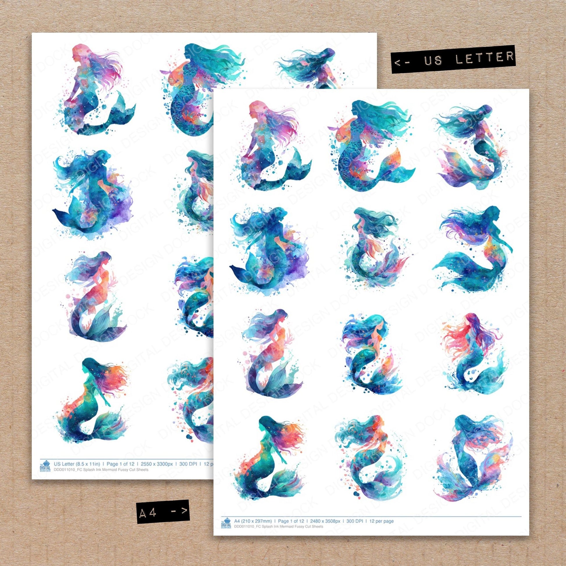 A4 and US Letter format comparison showing Splash Ink Mermaid fussy cut pages for print and cut crafting