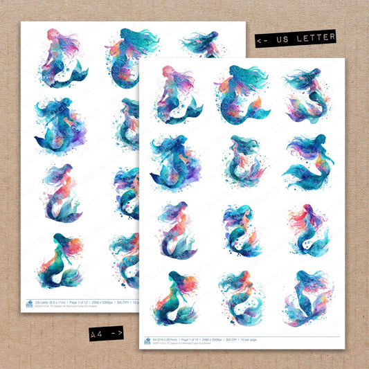 A4 and US Letter format comparison showing Splash Ink Mermaid fussy cut pages for print and cut crafting