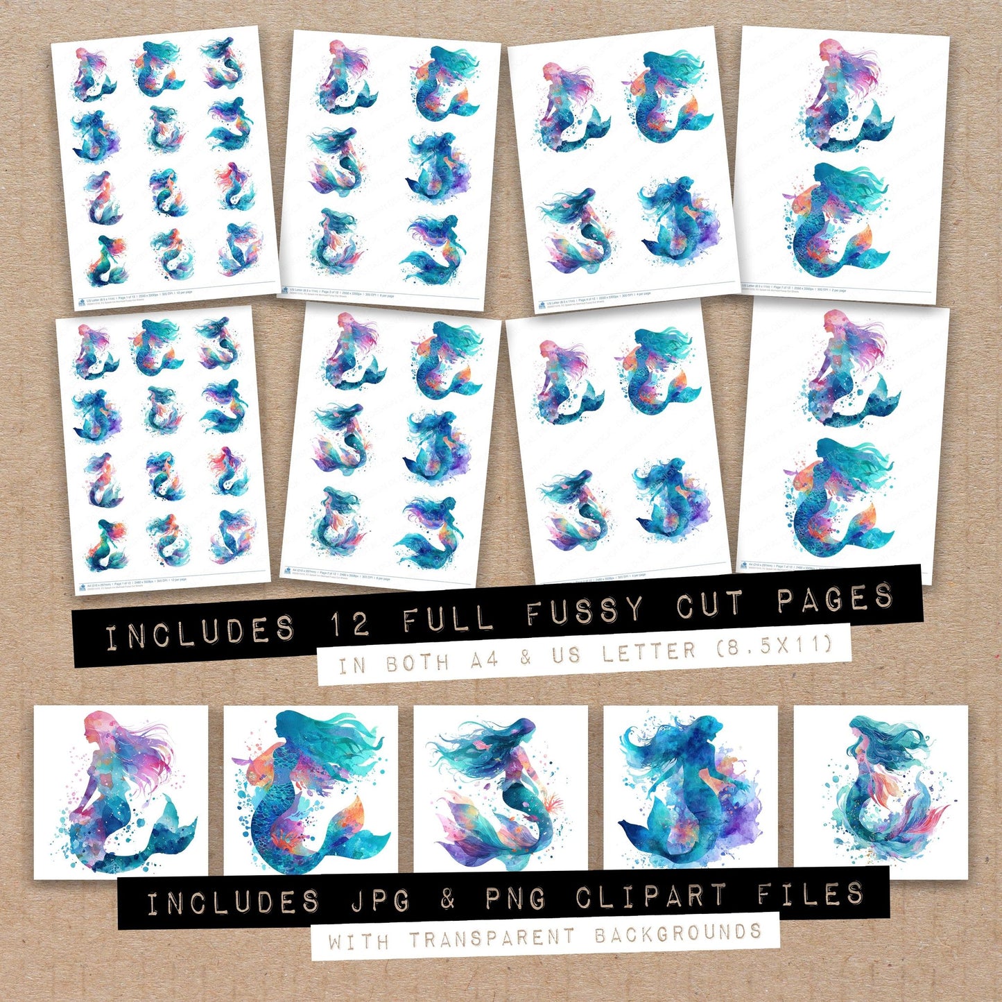 Full collection view of Splash Ink Mermaid fussy cut sheets with bonus clipart JPG and PNG files