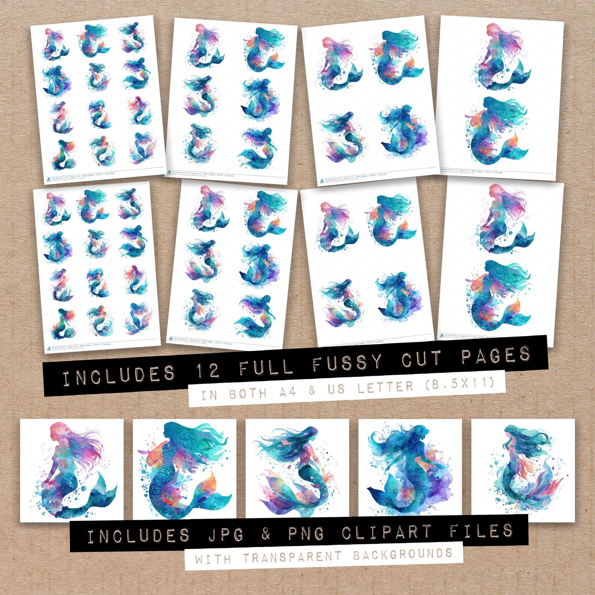 Full collection view of Splash Ink Mermaid fussy cut sheets with bonus clipart JPG and PNG files