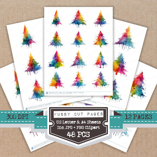 Splash Rainbow Christmas Tree fussy cut printable sheets for junk journaling, scrapbooking, and paper craft projects