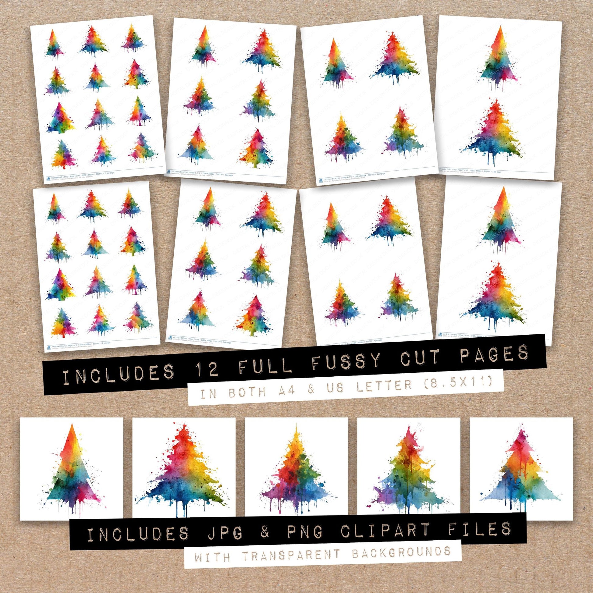 Full collection view of Splash Rainbow Christmas Tree fussy cut sheets with bonus clipart JPG and PNG files