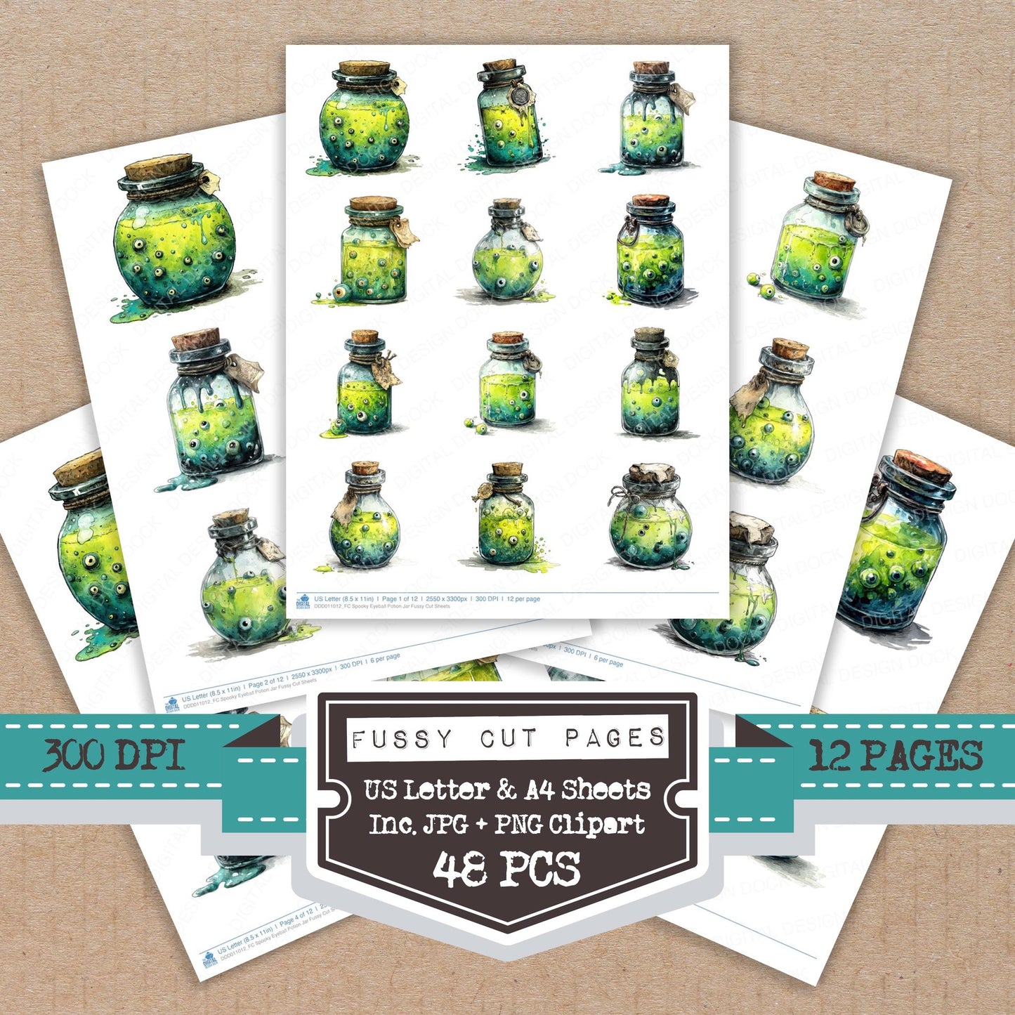 Spooky Eyeball Potion Jar fussy cut printable sheets for junk journaling, scrapbooking, and paper craft projects