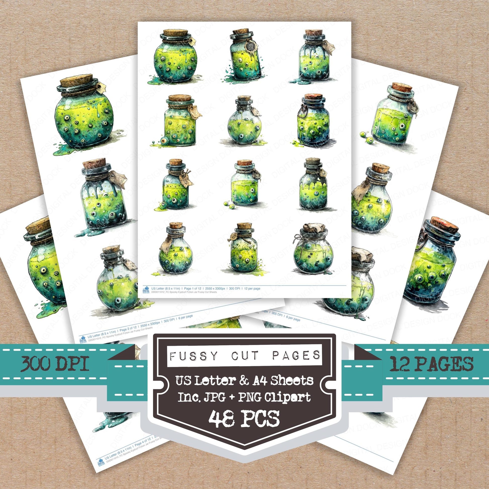 Spooky Eyeball Potion Jar fussy cut printable sheets for junk journaling, scrapbooking, and paper craft projects