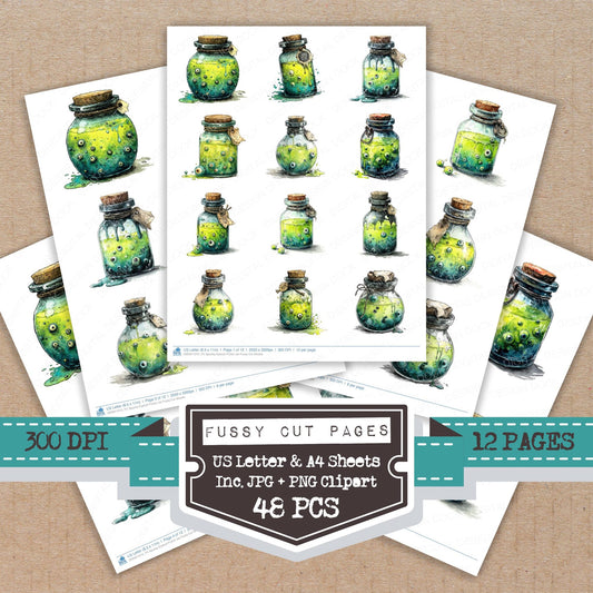 Spooky Eyeball Potion Jar fussy cut printable sheets for junk journaling, scrapbooking, and paper craft projects