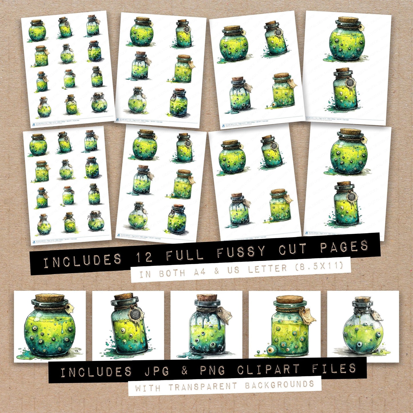Full collection view of Spooky Eyeball Potion Jar fussy cut sheets with bonus clipart JPG and PNG files