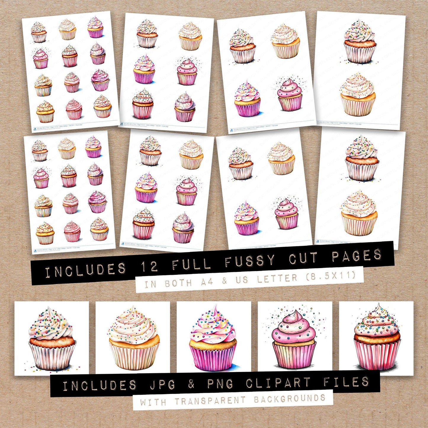 Full collection view of Sprinkle Cupcake fussy cut sheets with bonus clipart JPG and PNG files