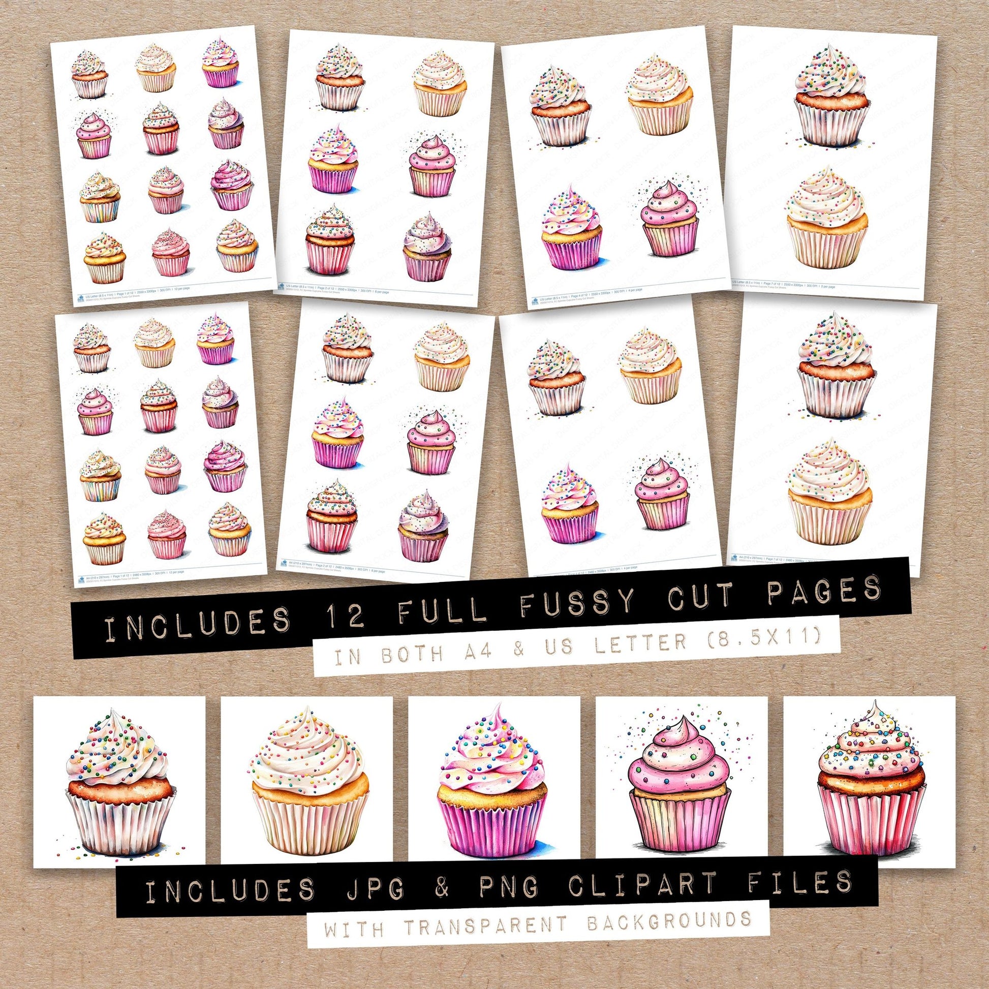 Full collection view of Sprinkle Cupcake fussy cut sheets with bonus clipart JPG and PNG files