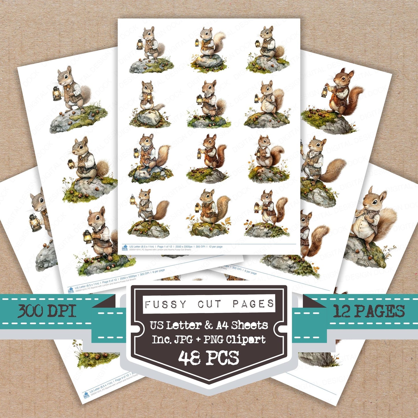 Squirrel with Lantern and Acorns fussy cut printable sheets for junk journaling, scrapbooking, and paper craft projects