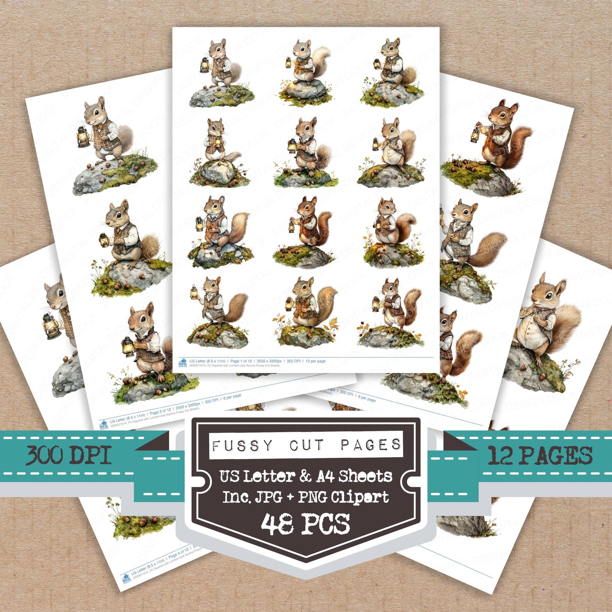 Squirrel with Lantern and Acorns fussy cut printable sheets for junk journaling, scrapbooking, and paper craft projects