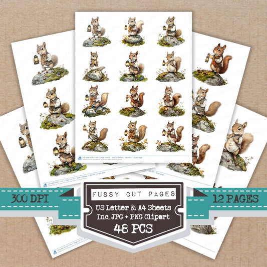 Squirrel with Lantern and Acorns fussy cut printable sheets for junk journaling, scrapbooking, and paper craft projects