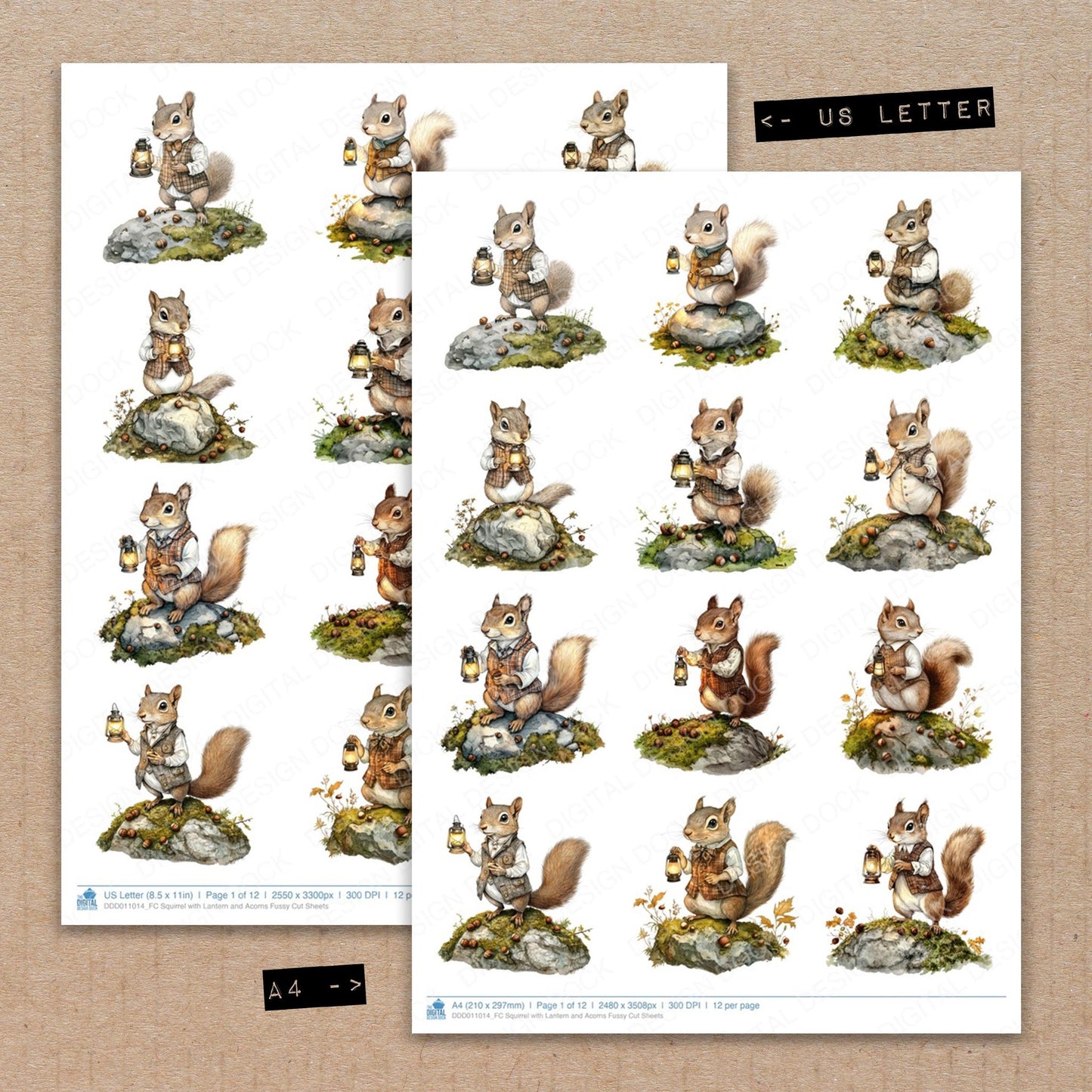 A4 and US Letter format comparison showing Squirrel with Lantern and Acorns fussy cut pages for print and cut crafting