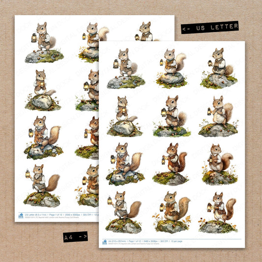 A4 and US Letter format comparison showing Squirrel with Lantern and Acorns fussy cut pages for print and cut crafting