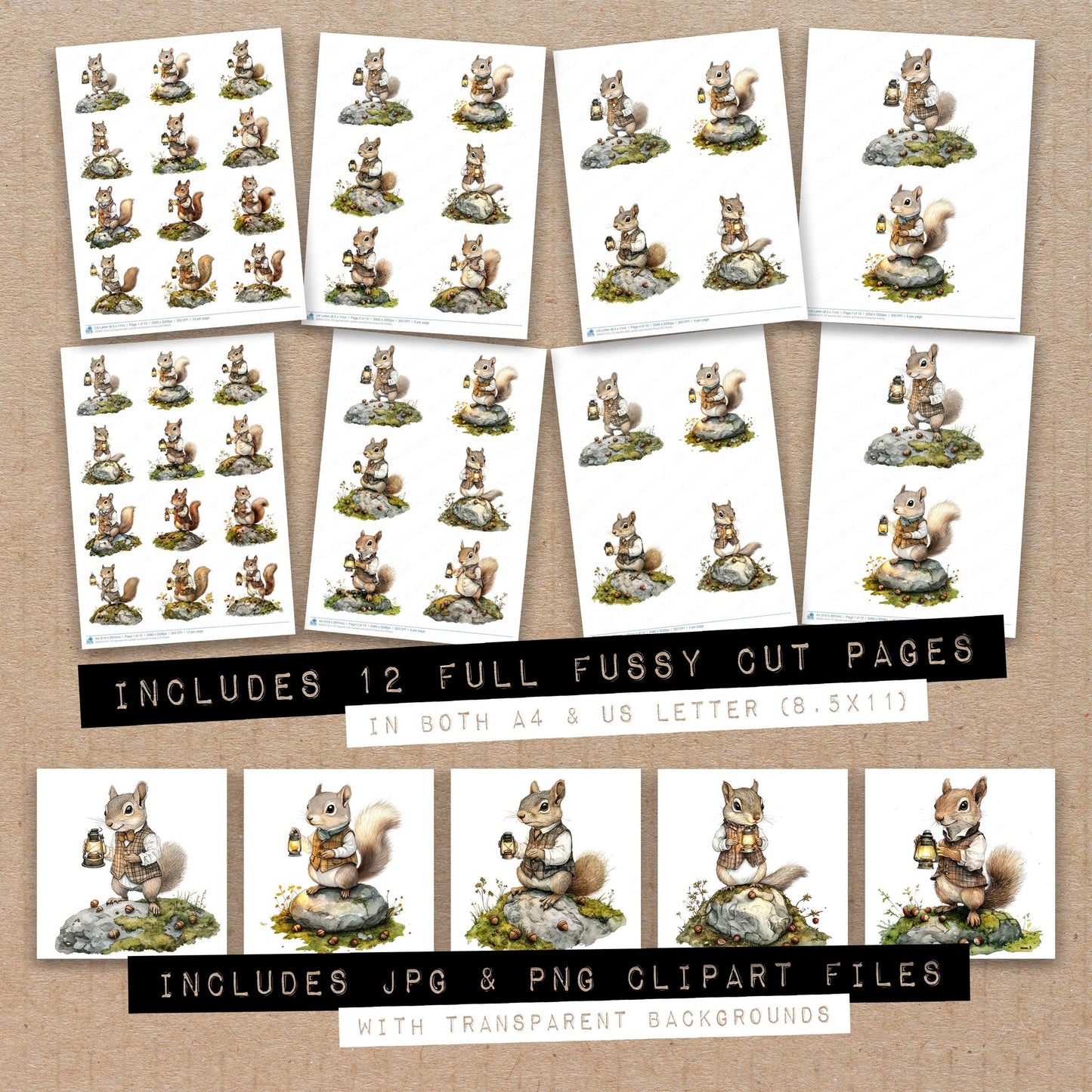 Full collection view of Squirrel with Lantern and Acorns fussy cut sheets with bonus clipart JPG and PNG files