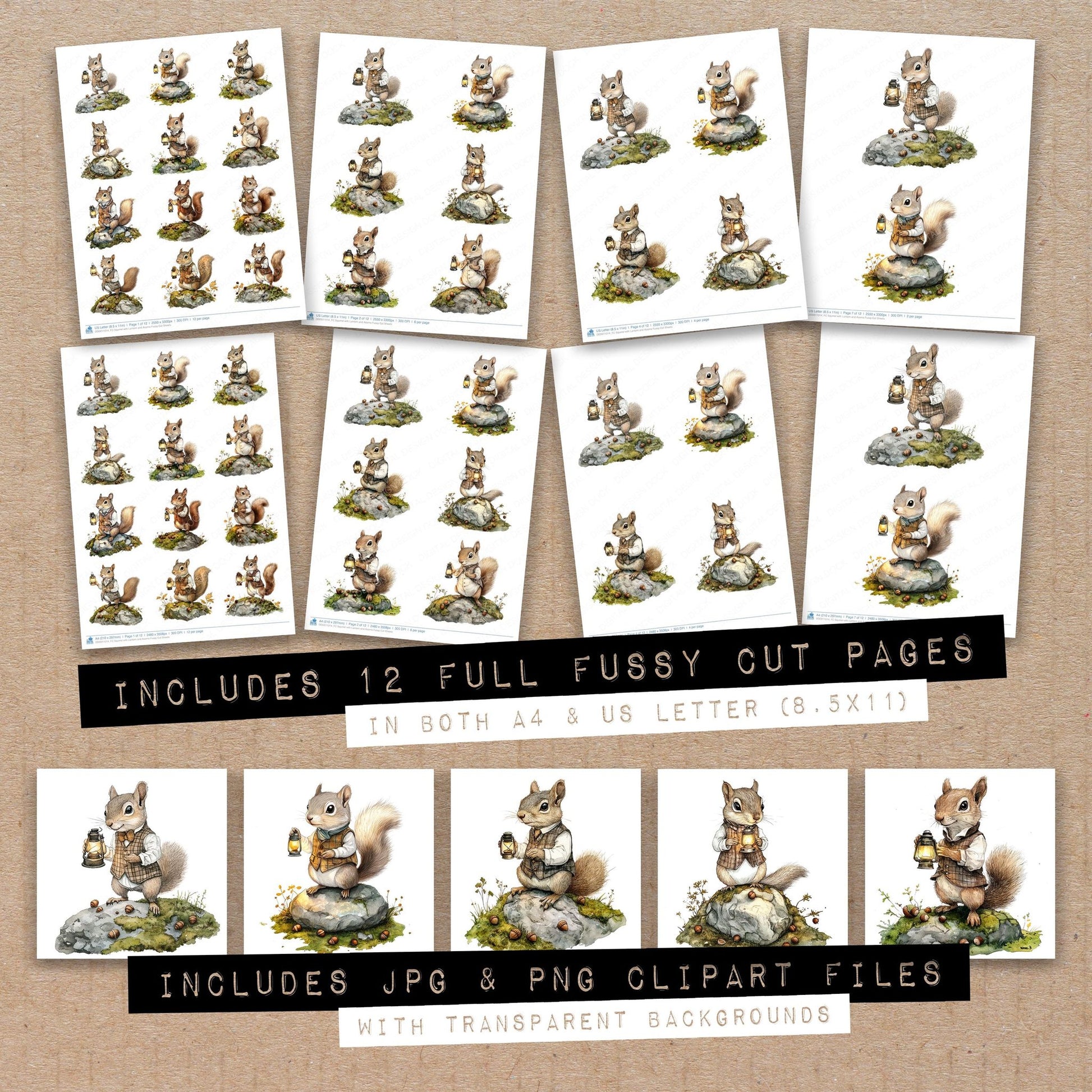Full collection view of Squirrel with Lantern and Acorns fussy cut sheets with bonus clipart JPG and PNG files