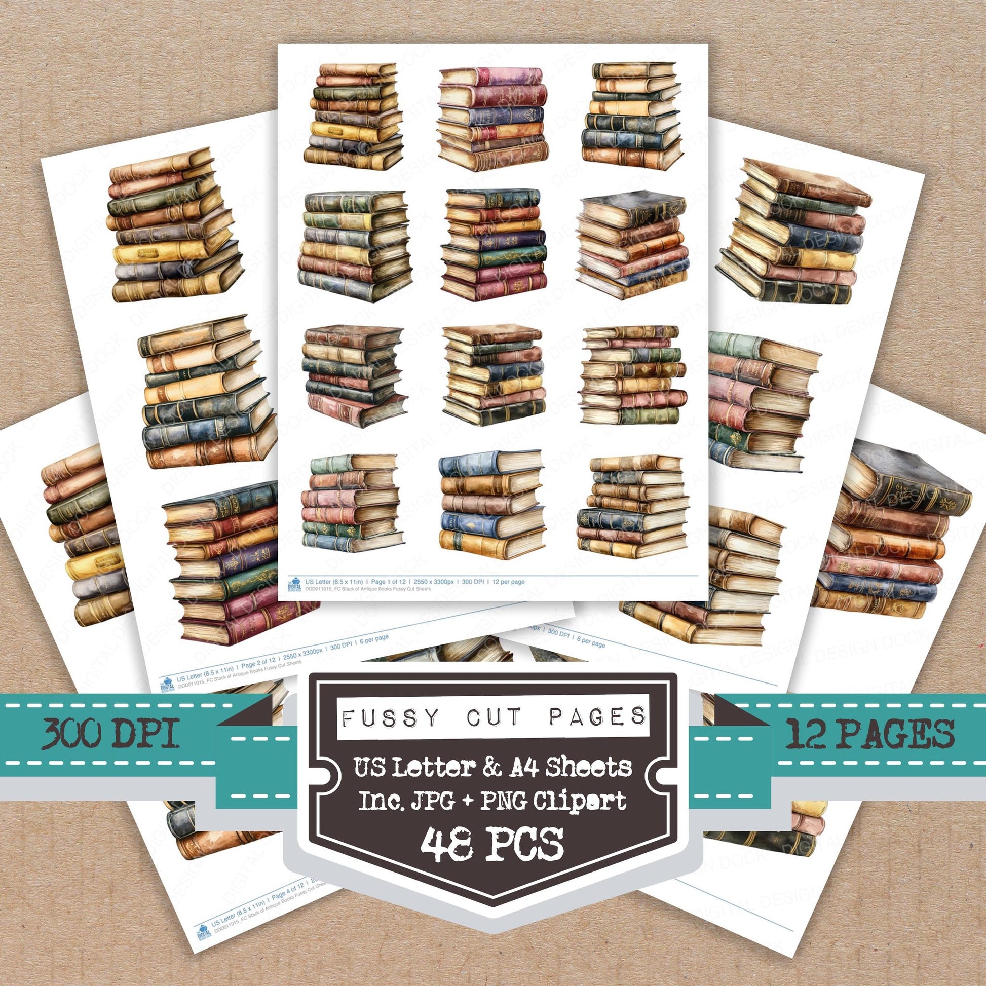Stack of Antique Books fussy cut printable sheets for junk journaling, scrapbooking, and paper craft projects