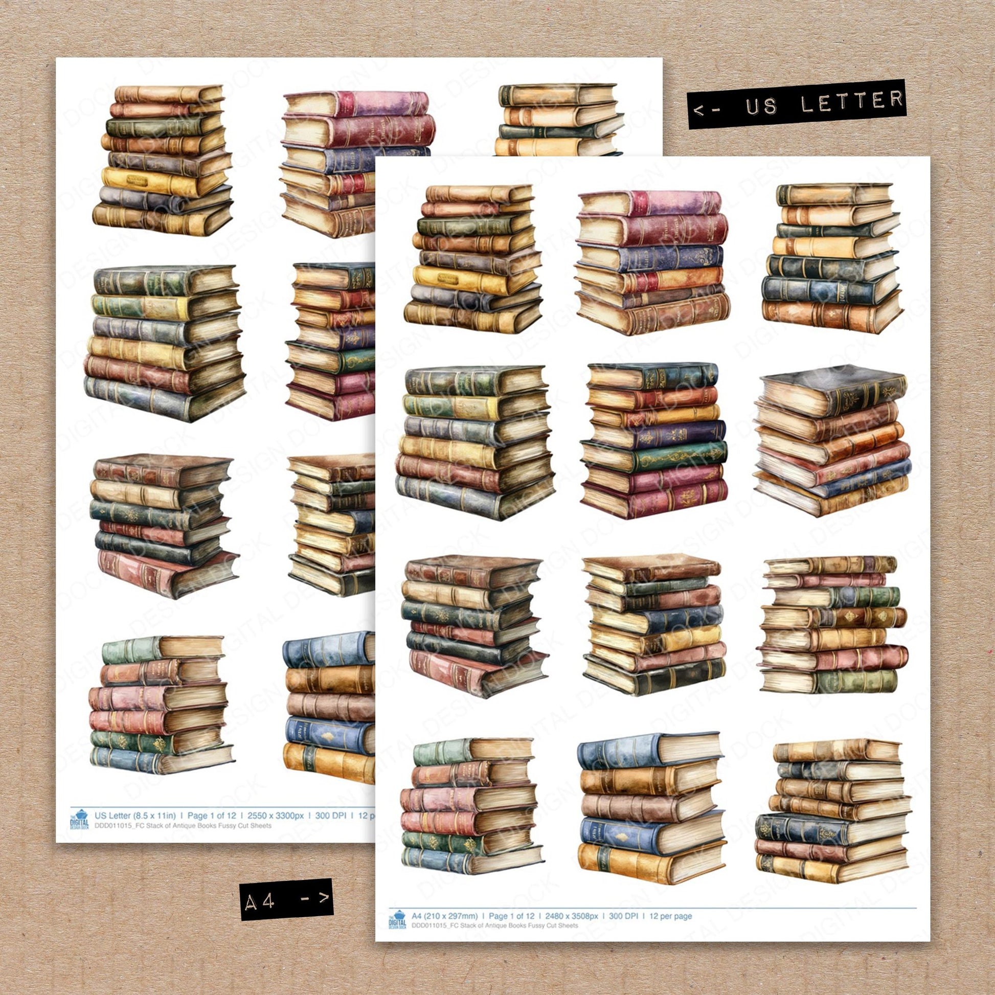 A4 and US Letter format comparison showing Stack of Antique Books fussy cut pages for print and cut crafting