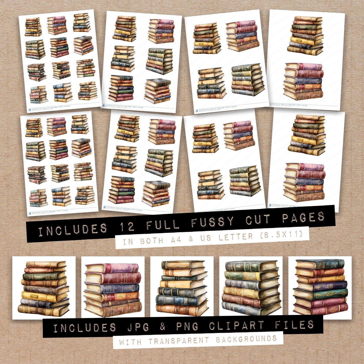 Full collection view of Stack of Antique Books fussy cut sheets with bonus clipart JPG and PNG files