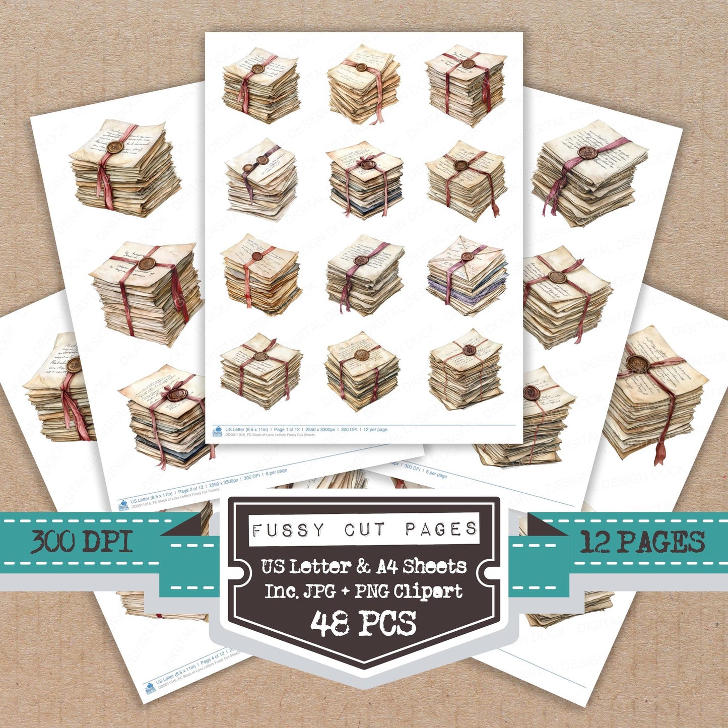 Stack of Love Letters fussy cut printable sheets for junk journaling, scrapbooking, and paper craft projects