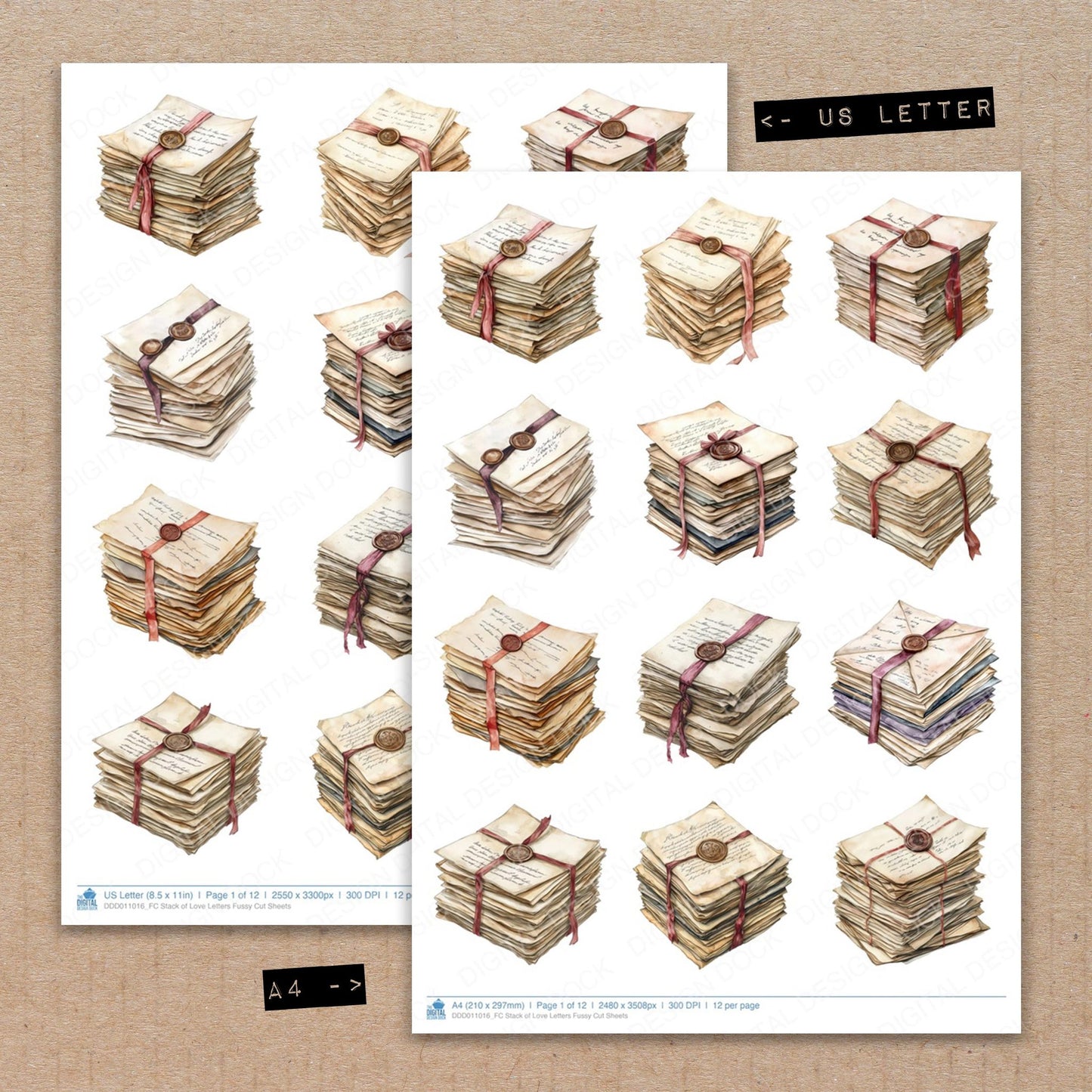 A4 and US Letter format comparison showing Stack of Love Letters fussy cut pages for print and cut crafting