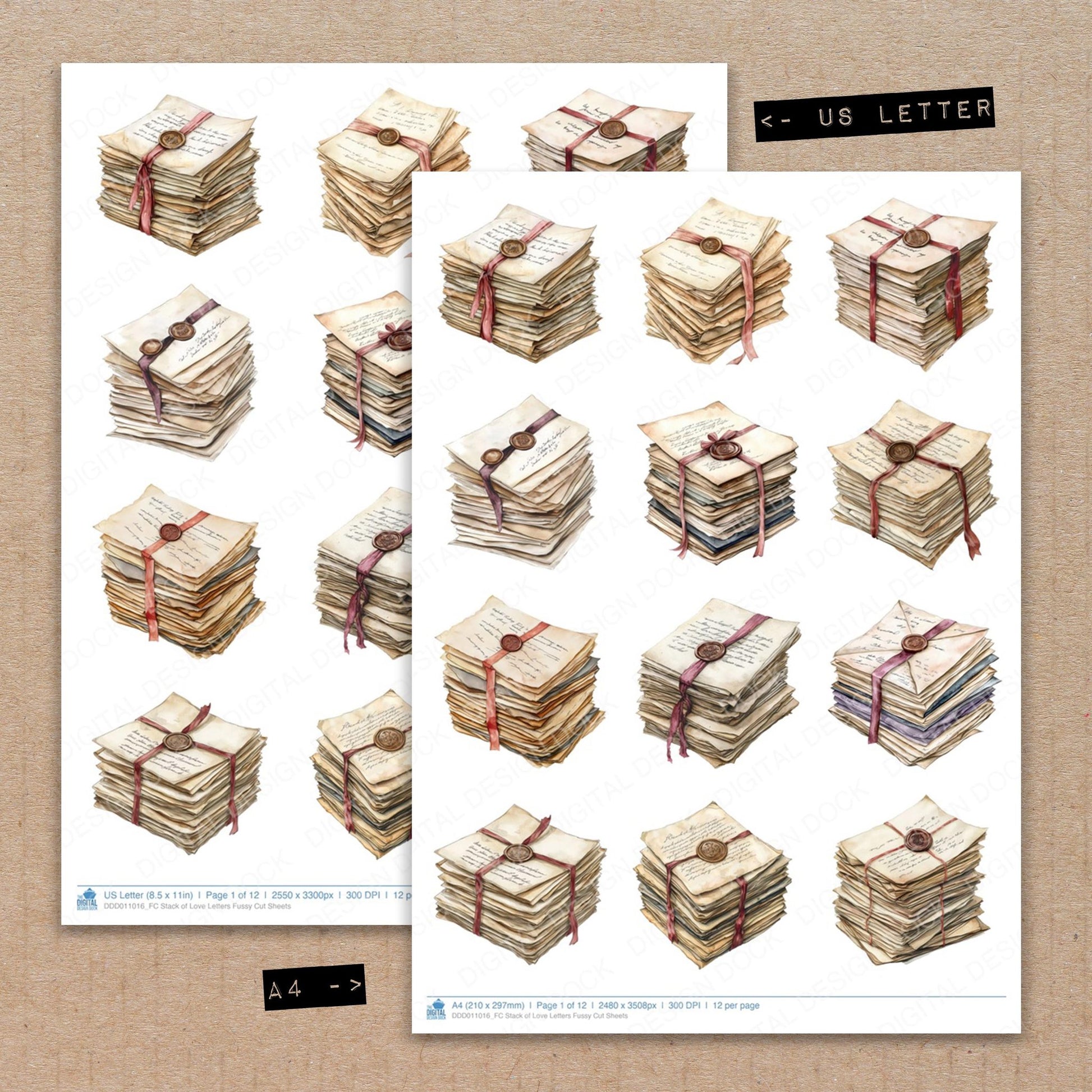 A4 and US Letter format comparison showing Stack of Love Letters fussy cut pages for print and cut crafting