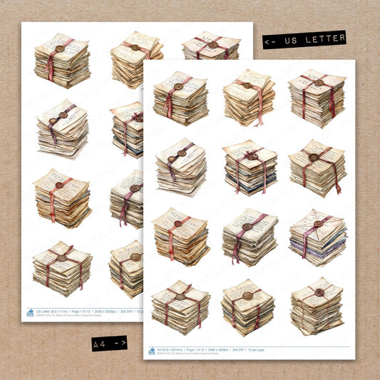 A4 and US Letter format comparison showing Stack of Love Letters fussy cut pages for print and cut crafting