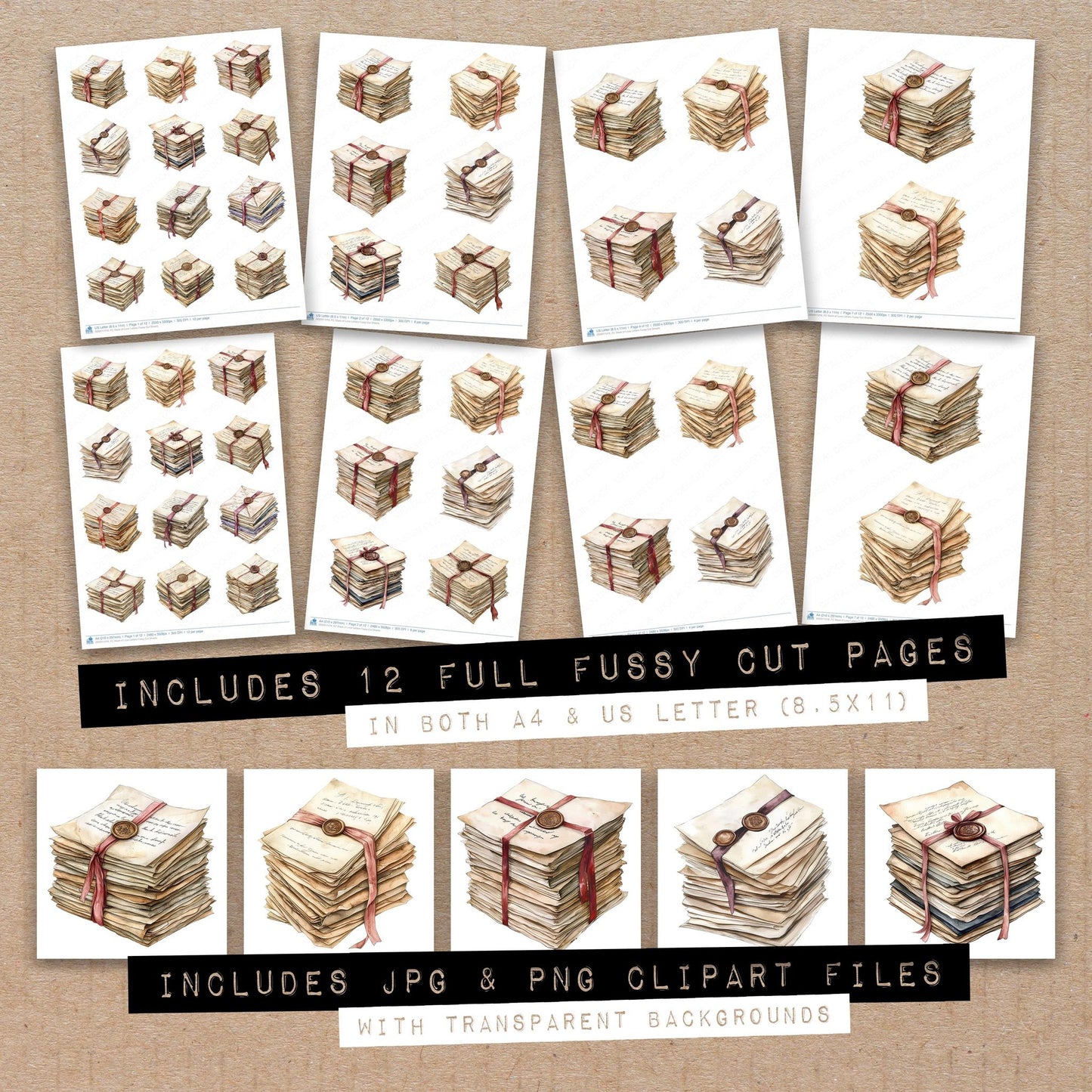 Full collection view of Stack of Love Letters fussy cut sheets with bonus clipart JPG and PNG files
